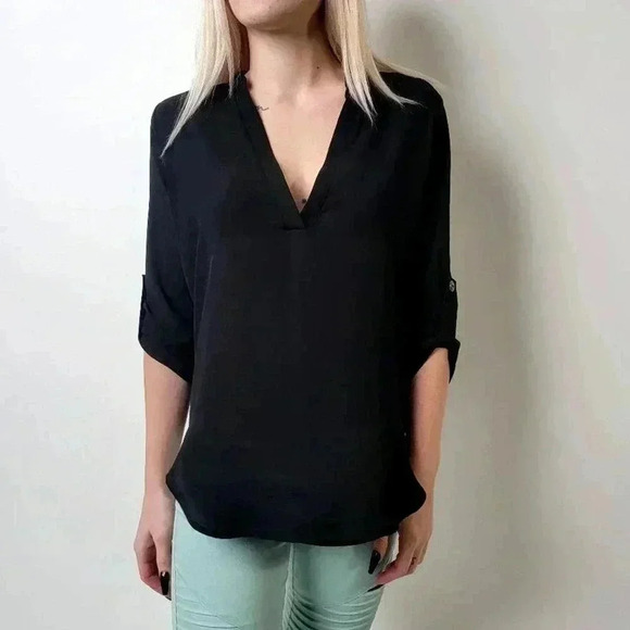 Lush Black Sheer VNeck Tunic Blouse - S - Picture 2 of 7